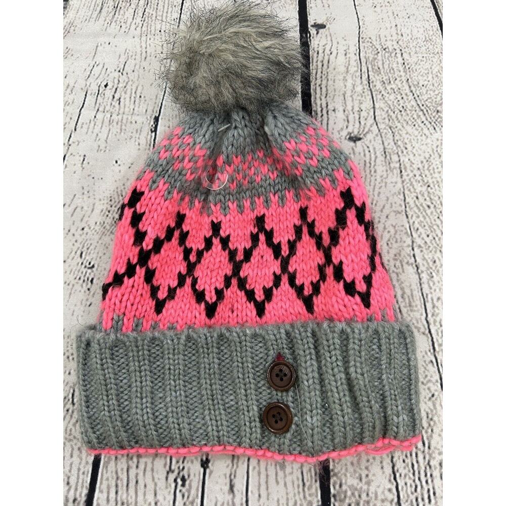 Moon Shadow Thick Acrylic Women’s Beanie Hat Pom Top Pink Grey Black